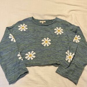 PacSun Blue Green Heathered Daisy Cropped Sweater